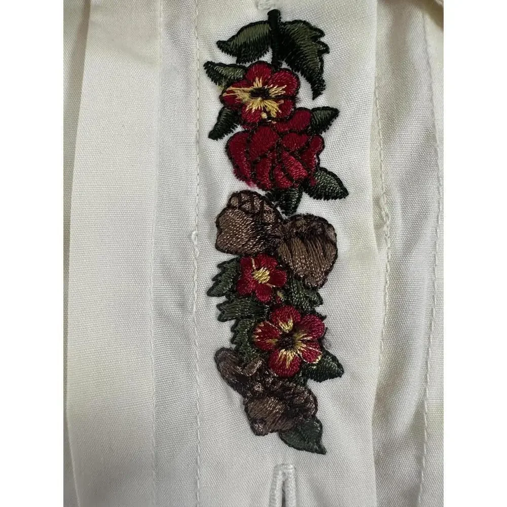 Jantzen Classics Embroidered Floral Button Front Shirt Sz L Cottagecore Ivory